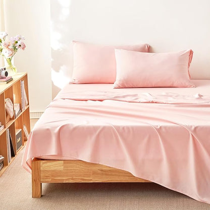Wake In Cloud - Striped Comforter Set with Sheets, Ticking Stripe Vertical Pinstripe Neutral Farmhouse Pattern Printed, 7 Pieces Bed in a Bag, Pink White, Queen Size