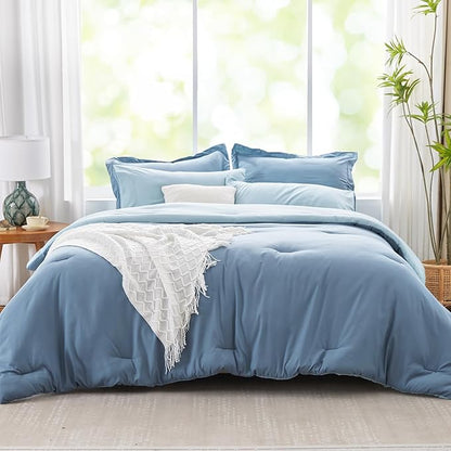 Navy Blue Comforter Set - 7 Piece Soft Bed in a Bag with Reversible Comforter, Sheets, Pillowcases & Shams - All Seasons Boho King Bed Set