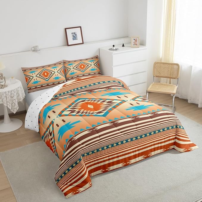 Feelyou Western Comforter Set Southwest Native Tribal Bedding Set Toddler Size for Kids Boys Girls Teens Room Decor Boho Geometric West Comforter Soft Microfiber
