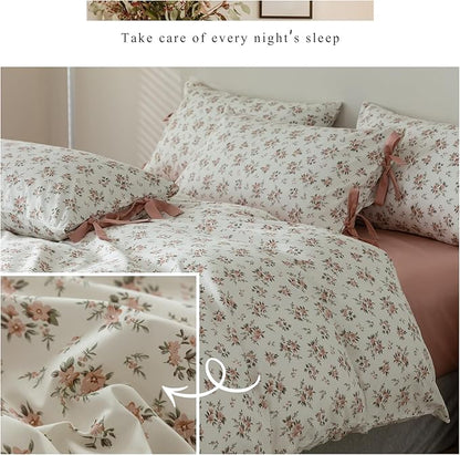 mixinni 3pcs Boho Floral Comforter Set Queen Size, Garden Style Pink White Flower Leaves Bedding Comforter Sets for Women, 1 Soft Botanical Comforter and 2 Bow tie Pillowcases for All Seasons