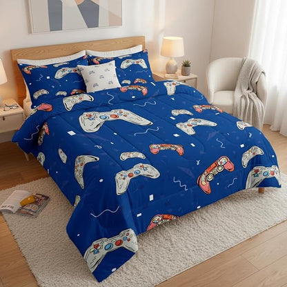 Boys Video Game Comforter Queen Size Dark Blue Gampad Bedding Set for Kids Children Bedroom Decor, 90"x90"