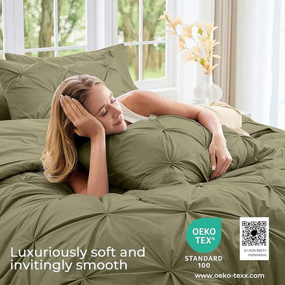 Sasttie Queen Comforter Set, 7-Piece Bed in a Bag, Pintuck Bedding Sets for All Season, Includes Comforter, Flat Sheet, Fitted Sheet, Pillowcases and Pillowshams, Olive Green