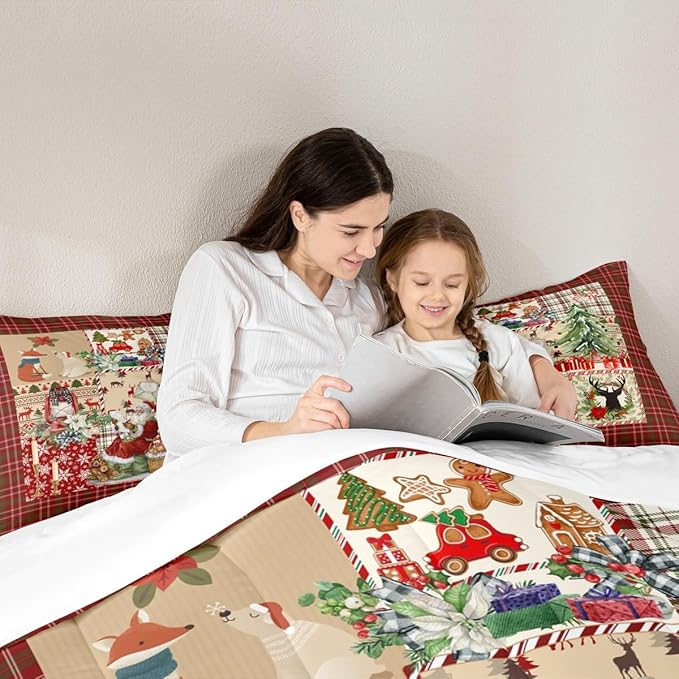 Merry Christmas Comforter Set Full Size,Xmas Tree Deer Antler Bedding Set Cartoon Santa Claus Quilt Set for Kids Girls Boys Adult Room Decor,Red Green Grid Patchwork Plaid Duvet Insert 3Pcs