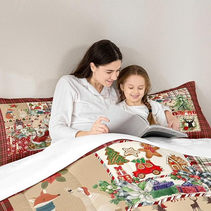 Merry Christmas Comforter Set Full Size,Xmas Tree Deer Antler Bedding Set Cartoon Santa Claus Quilt Set for Kids Girls Boys Adult Room Decor,Red Green Grid Patchwork Plaid Duvet Insert 3Pcs