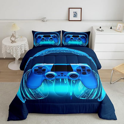 Gamer Comforter Set King Size,Blue Headphones Musical Design Games Gamepad Bedding Set for Kids Boys Video Game Room Decor Retro Playing Gamer Down Comforter Gaming Controller Quilted Duvet Set