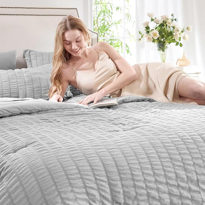 CozyLux King Size Comforter Set Light Grey Seersucker 7 Pieces Bed in a Bag King Comforter Set with Sheets, Luxury Bedding Set with Down Alternative Comforter, Sheets, Pillowcases & Shams All Seasons