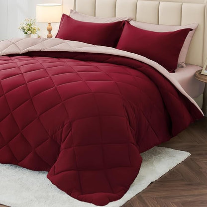 MUXHOMO 7 Pieces King Comforter Set, Reversible Bed in a Bag King Size, All Season Bedding Set with Comforter, Flat Sheet, Fitted Sheet, Pillowcases & Shams, Burgundy & Rose Gold