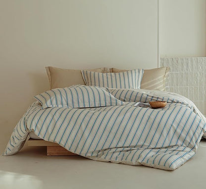 King Size Cotton Comforter Set, 3Pcs Blue Beige Striped Duvet for All Seasons, Luxury Warmth Breathable Bedding Set with 1 Lightweight Comforter and 2 Pillow Shams