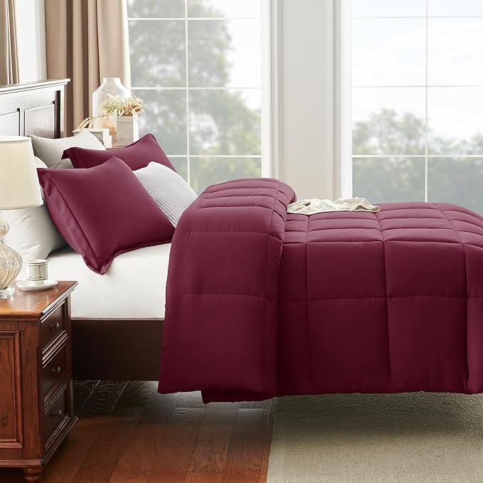 CozyLux Queen Comforter Set - Burgundy Comforters Queen Size, 3 Pieces Box Stitched Bed Set for All Seasons, Soft Lightweight Bedding Sets with 1 Down Alternative Comforter and 2 Pillow Shams