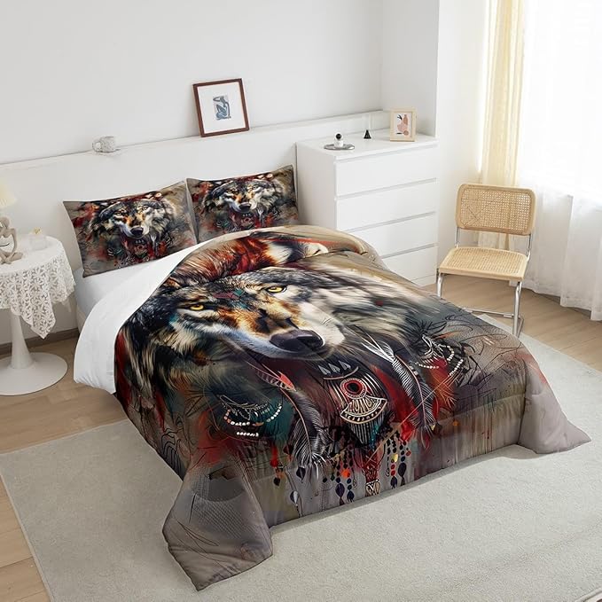 Erosebridal Hunting Wolf Toddler Bedding Set,Indian Wolf Comforter Set for Kids Boys Girls Room Decor,Exotic Ethnic Tribal Quilt Set Wildlife Animal Safari Bedding Comforter Sets,1 Pillowcase