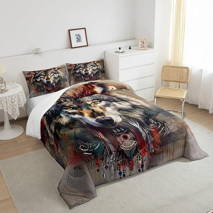 Erosebridal Hunting Wolf Queen Bedding Set,Indian Wolf Comforter Set for Women Men Room Decor,Exotic Ethnic Tribal Quilt Set Wildlife Animal Safari Bedding Comforter Sets,2 Pillowcases
