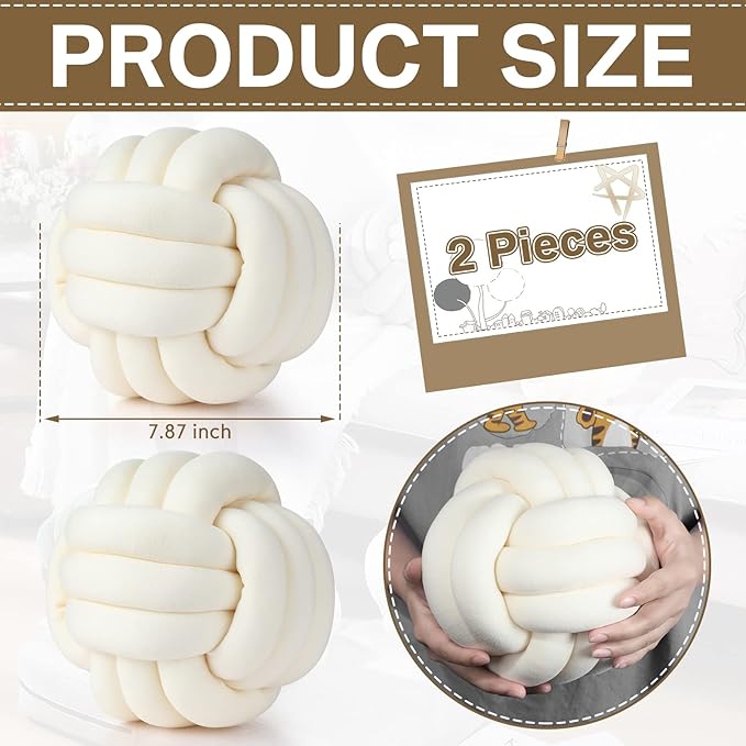 Namalu 2 Pieces Knot Ball Pillows Round Plush Aesthetic Cushion Pillows Soft Stress Relieving Cute Decorative Knotted Pillows for Kids Bed Sofa Bedroom Decor (Cream White, 7.87 Inches)