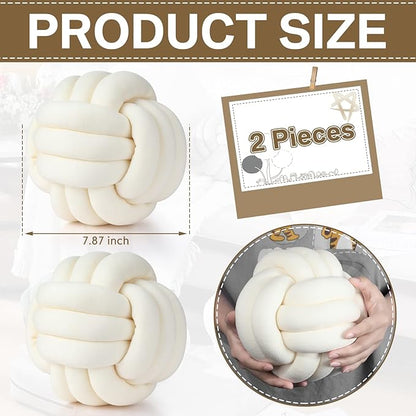Namalu 2 Pieces Knot Ball Pillows Round Plush Aesthetic Cushion Pillows Soft Stress Relieving Cute Decorative Knotted Pillows for Kids Bed Sofa Bedroom Decor (Cream White, 7.87 Inches)