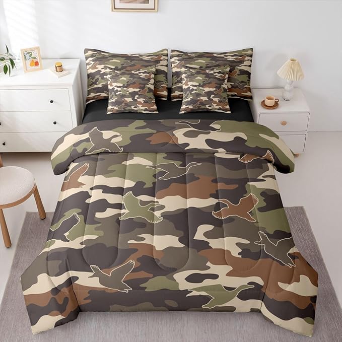 Erosebridal 3D Duck 7 Piece Bedding Set Full Camo Camouflage Comforter Set with Sheets Green Dark Wildlife Bed in a Bag Flying Animals Hunting Bed Sets Comforter