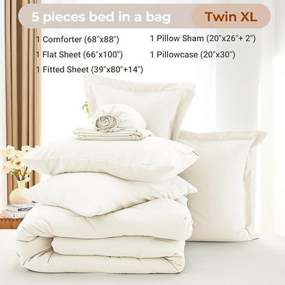 MUXHOMO 5 Pieces Twin XL Comforter Set, Soft Bed in a Bag Twin XL Size, All Season Bedding Set with Comforter, Flat Sheet, Fitted Sheet, Pillowcases & Shams, Ivory