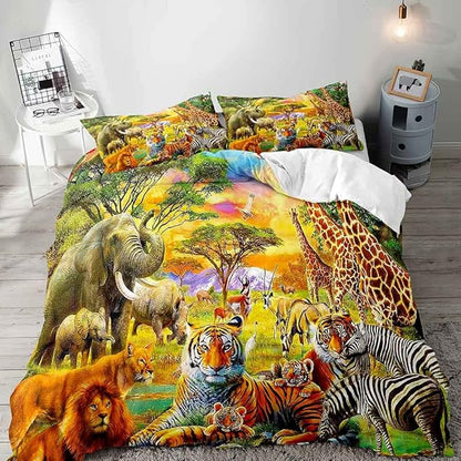 VIVIHOME 3PCS Safari Animal Duvet Cover Full Bedding Set, Teens Boys Girls Kids Bedding, Zoo Jungle Tiger Lion Elephant Zebra Giraffe African Wildlife Wild Animal Comforter Quilt Cover, 2 Pillowcases
