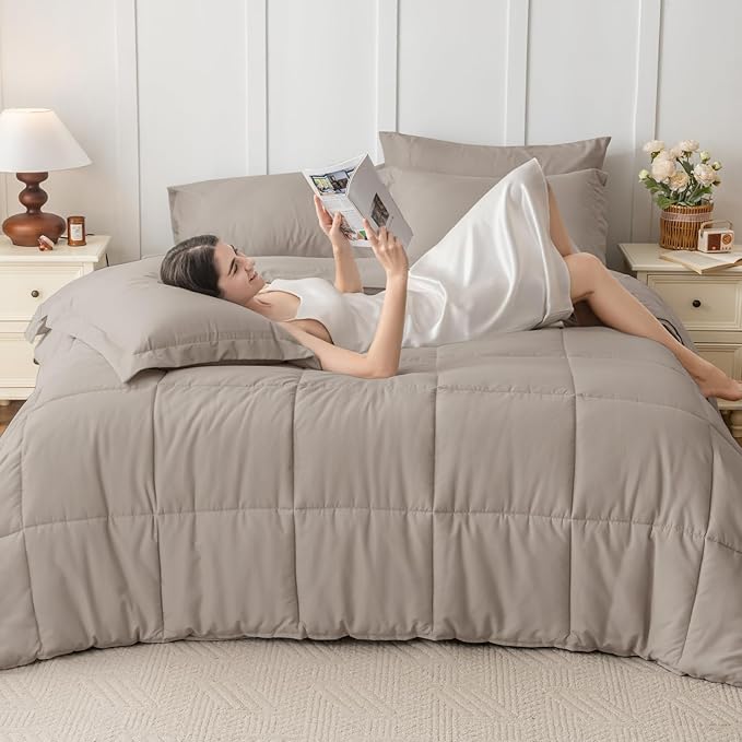 JOLLYVOGUE Twin Comforter Set, Ultra-Soft Bed in a Bag Twin Size 5 Pieces, Oeko-TEX Certified Bedding Set with Down Alternative Comforter, Sheets, Pillowcases & Shams, Khaki