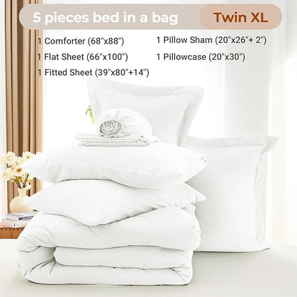 MUXHOMO 5 Pieces Twin XL Comforter Set, Soft Bed in a Bag Twin XL Size, All Season Bedding Set with Comforter, Flat Sheet, Fitted Sheet, Pillowcases & Shams, White