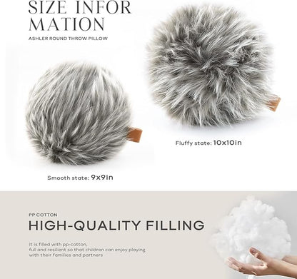 Ashler Plush Round Pillows, Ball Throw Pillow with Handle, Faux Fur Luxury Soft Decorative Cushion, Modern Home Decor Fluffy Round Pillow for Sofa, Bed, Chair, Light Gray, 9 x 9 inch