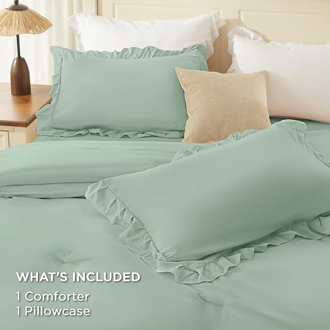 Andency Sage Green Twin Size Comforter Set, 2 Pieces Boho Lightweight Fluffy Ruffle Bedding Set & Collections, All Season Soft Microfiber Farmhouse Shabby Chic Bed Set for Kids (66x90In Comforter)
