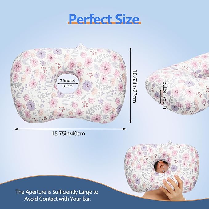 Ear Piercing Pillow for Side Sleepers, Pillow with an Ear Hole for CNH and Ear Pain Ear Inflammation Pressure Sores (Pink Flowers, 17.3"x12.6"x2")