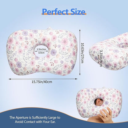 Ear Piercing Pillow for Side Sleepers, Pillow with an Ear Hole for CNH and Ear Pain Ear Inflammation Pressure Sores (Pink Flowers, 17.3"x12.6"x2")