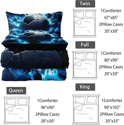 Soccer Bedding Comforter Set Twin Size for Kids Teens and Adults, Blue Black Football Printed Bedding Sets 3 PCS,Ball Sports Themed Bedroom Decor with 1 Comforter and 2 Pillowcases