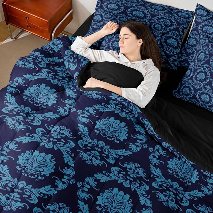 Erosebridal Black and Blue Damask Bed in a Bag Queen Comforter Set 7 Piece | Antique Decor Gothic Vintage Floral Bedding Sets Boho Baroque Comforter and Sheet Set, Luxury Bohemian Bed Sets