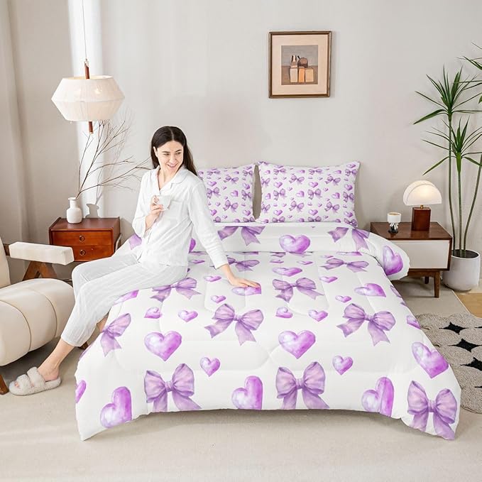 Erosebridal Purple Bow Girls Bedding Set with Sheets Full Ribbon Bowknot Comforter Set for Kids Teen Girls Women Bedroom Dreamy Princess Coquette Comforter Trendy Preppy Bows Quilt Duvet