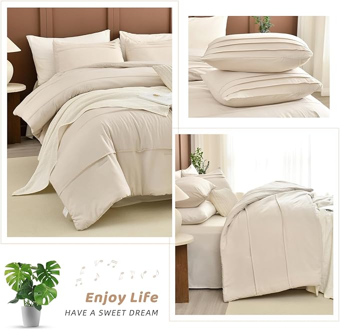 Sanracie Cotton King Comforter Set(106"x 95"),Wheat Colored Pinch Pleat Soft Comforter Bedding Sets 3Pcs Lightweight Breathable Bedding Set for All Season