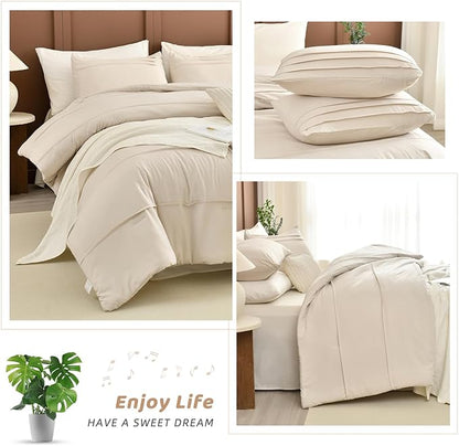 Sanracie Cotton King Comforter Set(106"x 95"),Wheat Colored Pinch Pleat Soft Comforter Bedding Sets 3Pcs Lightweight Breathable Bedding Set for All Season