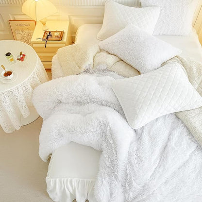 UOZZI BEDDING White Faux Fur Comforter Set Queen 3 Pieces - 1 White Shaggy Comforter Set and 2 Pillowcases, Ultra Soft and Easy Care Luxury Plush Shaggy Duvet Set