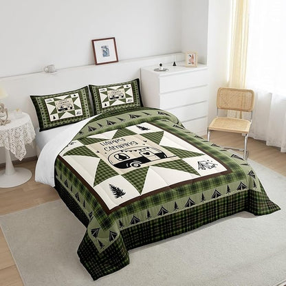 Feelyou Camper Comforter Set Full Size Kids Happy Camping Comforter for Boys Teens Southwestern Vinatge Camper Accessories for Travel Trailers Bedding Set Green Tree Duvet Set Room Decor