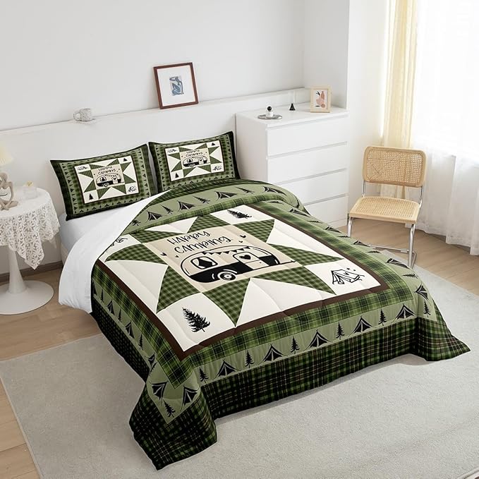 Feelyou Camper Comforter Set Queen Size Kids Happy Camping Comforter for Boys Teens Southwestern Vinatge Camper Accessories for Travel Trailers Bedding Set Green Tree Duvet Set