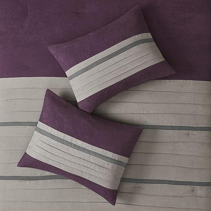Madison Park Palmer Comforter Set - Faux Suede Design, Striped Accent, All Season Bedding, Shams, Decorative Pillow, Bed Skirt, Queen (90 in x 90 in), Purple 7 Piece