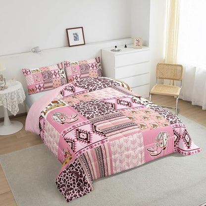 Feelyou Pink Aztec Bedding Set King Size, Kids Western Decor Comforter Set Wild West Cowboy Cowgirl Comforter Boho Style Duvet Insert Bed Set 3Pcs