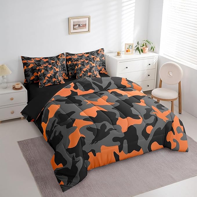 Erosebridal Hunting 7 Pcs Bed Set Twin Size Camouflage Bedding for Kids Army Wild Duck Bed in A Bag Sheet Set Vintage Orange Grey Mallard Duck Bedroom Decor Animal Rustic Comforter Set