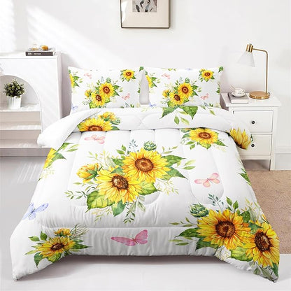Sunflower Comforter Sets,Floral Botanical 3-Pieces Microfiber Bedding Quilt for Girls Teens,Decorative Bedding Comforter Sets with 2 Pillow Shams, Twin Size
