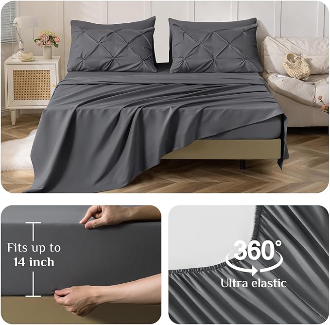 JOLLYVOGUE Queen Comforter Set 7 Pieces - Bed in a Bag Queen for All Season, Pintuck Bedding Comforter Sets with Comforter, Flat Sheet, Fitted Sheet and Pillowcases & Shams, Grey