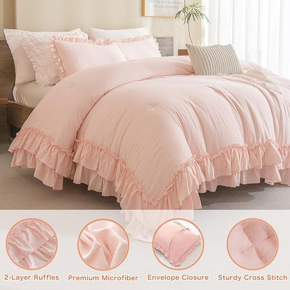 Masaca Kids Twin Ruffle Comforter Set - Shabby Boho Chic Farmhouse Rustic Bedding - 3-Piece Set (1 Ruffled Blush Comforter, 2 Pillowcases)