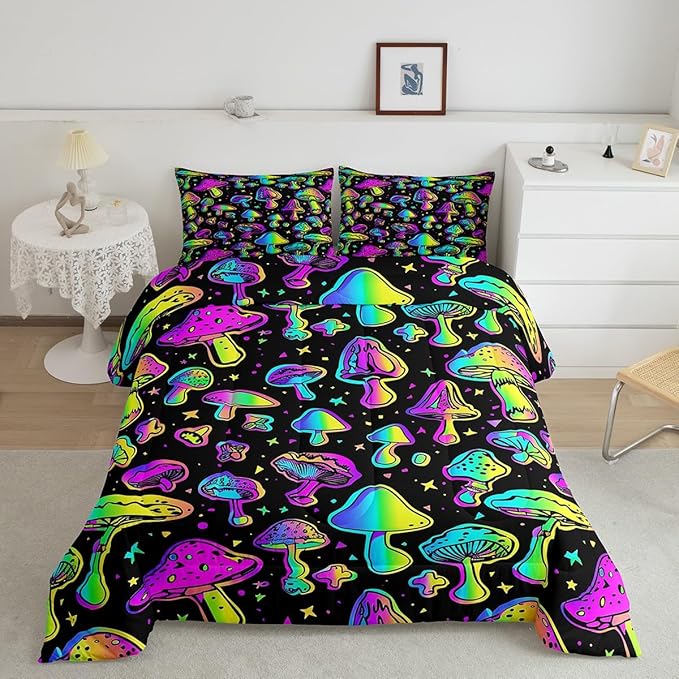 Erosebridal Mushroom Comforter Set Queen Cute Mushroom Comforter for Kids Girls Boys Cartoon Tie Dye Bedding Sets Teal Purple Neon Ombre Down Comforter Wild Colorful Botanical Quilt Set
