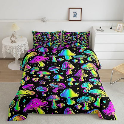 Erosebridal Mushroom Comforter Set Queen Cute Mushroom Comforter for Kids Girls Boys Cartoon Tie Dye Bedding Sets Teal Purple Neon Ombre Down Comforter Wild Colorful Botanical Quilt Set