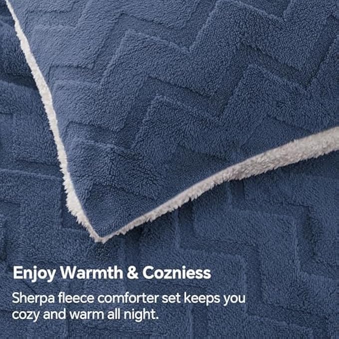 BEDELITE Fluffy Full Size Comforter Set - Super Soft Sherpa Navy Comforter for Full Size Bed, Luxury Warm Bedding Set for Winter, Fuzzy Bed Set 3 Pieces (1 Comforter, 2 Pillowcases)