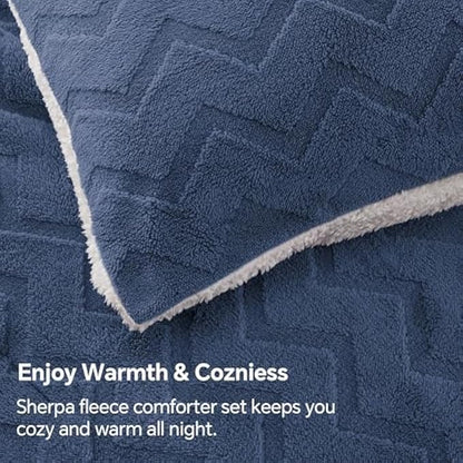 BEDELITE Fluffy Full Size Comforter Set - Super Soft Sherpa Navy Comforter for Full Size Bed, Luxury Warm Bedding Set for Winter, Fuzzy Bed Set 3 Pieces (1 Comforter, 2 Pillowcases)