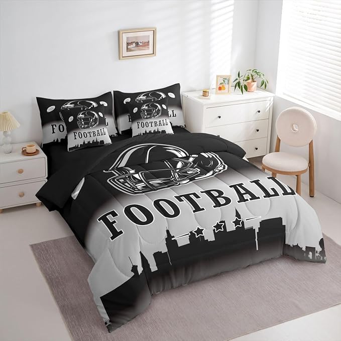 Erosebridal Football City Bed in A Bag Ball Sports Game 7 Piece Bedding Set American Soccer Sports Rugby Comforter Set with Sheets Twin Size for Kids Teen Adults,Black Grey Ombre Bed Set