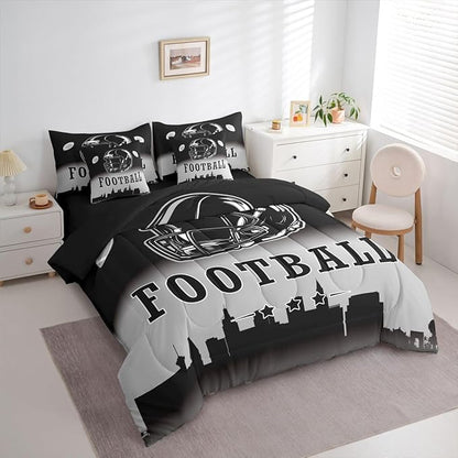 Erosebridal Football City Bed in A Bag Ball Sports Game 7 Piece Bedding Set American Soccer Sports Rugby Comforter Set with Sheets Twin Size for Kids Teen Adults,Black Grey Ombre Bed Set