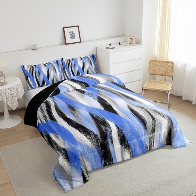 Erosebridal Geometric Stripes Comforter King Modern Abstract Comforter Set Grey Black Blue Bedding Set for Kids Boys Girls Teen Swirl Lines Quilt Duvet Room Decor 3 Pcs