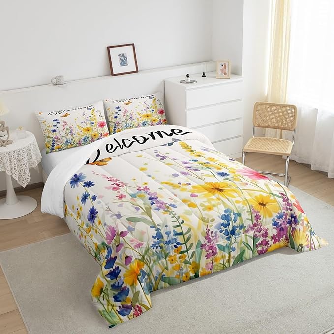Erosebridal Wildflower Bedding Set Full Watercolor Boho Floral Comforter Set Cute Botanical Plant Bedding Comforter Sets for Kids Adults Nature Flowers Butterfly Bed Set Aesthetics Home Decor