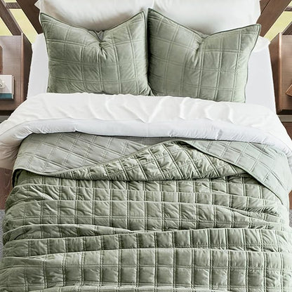 EVERGRACE 3 Pieces Luxurious Velvet Quilt King Size, Ultra Soft Bedspread Coverlet Set, Double Box Stitch Lightweight Velvet Comforter for All Season with 2 Shams, Sage Green, 108"x96"