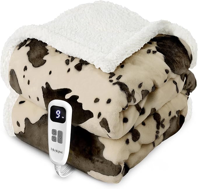 Cow Print Heated Throw Blanket Electric Blanket-Heating Blanket Throw with 10 Heat Levels & 10 Hours Auto-Off, Cozy Soft Fleece Sherpa, Washable, 50 x 60 Inches Cow Print Light Brown